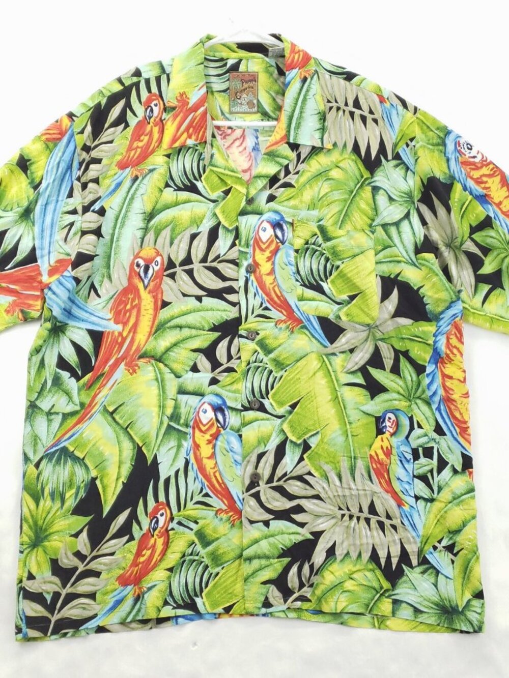 Pineapple Connection Shirt Mens Large Black Green Hawaiian Parrot Camp